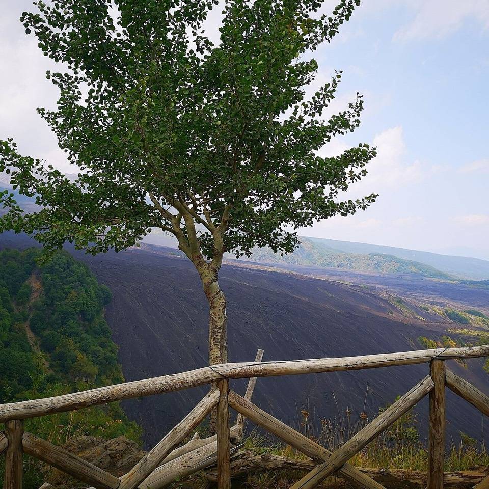 La Valle del Bove vista da un belvedere con staccionata sul bordo